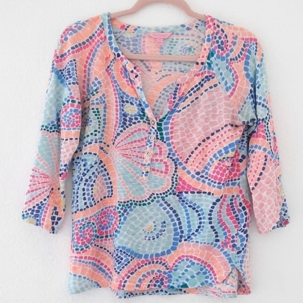 Lilly Pulitzer Rainbow Mosaic Linen Pink Label Top M